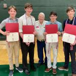 
Eagle Scout Court of Honor Presentation at St John Neumann High School Graduation Ceremony 9 May 2024
Hunter Lund, Troop 226
Thomas VanWart, Troop 109
ET Brisson Eagle Scout Liaison Jerry Van Hecke 
Ridgely O’Keefe, Troop 226 
Thomas Lund, Troop 226
