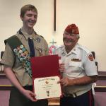 
Kristian Hustrulid, Troop #109 with Detachment Eagle Scout Liaison Jerry Van Hecke at Court of Honor 18 December 2021