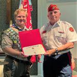 
Eagle Scout Christian Vitrano, Troop #243, with Joe Johnston, Detachment Jr Vice Commandant, at Court of Honor 08.06.2023