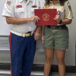 
Eagle Scout Lola Saad with Detachment Eagle Scout Liaison Jerry Van Hecke at Court of Honor, 17 Sept 2023