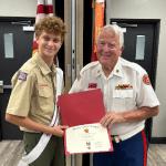 
Cameron Hamilton, Troop #2011, at Eagle Scout Court of Honor 05.18.2025 with Det Eagle Scout Liaison, Jerry Van Hecke