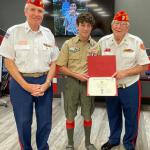 
Charlie Arseneau, Troop #2001, with Detachment Eagle Scout, Bert Brady and Detachment Eagle Scout Liaison, Jerry VanHecke, at Court of Honor 02.27.2022
