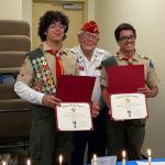 
Diego Montalvo Nieves,
Detachment Eagle Scout Liaison Jerry Van Hecke and
Sebastian Montalvo Nieves
Court of Honor -- 28 April 2023